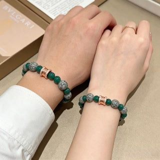 Bvlgari Green Stone Beaded Bracelet with Rose Gold Accent – Elegant Luxury Jewelry