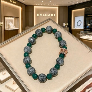 Bvlgari Green Stone Beaded Bracelet with Rose Gold Accent – Elegant Luxury Jewelry