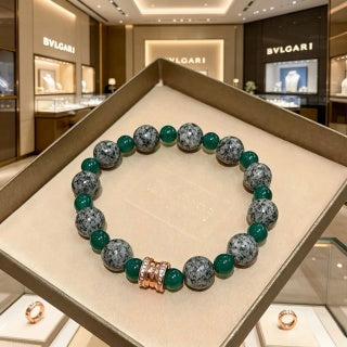 Bvlgari Green Stone Beaded Bracelet with Rose Gold Accent – Elegant Luxury Jewelry