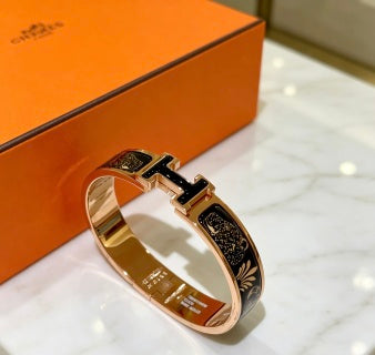 Hermès Black Enamel Engraved H Cuff Bracelet