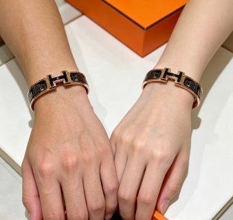 Hermès Black Enamel Engraved H Cuff Bracelet