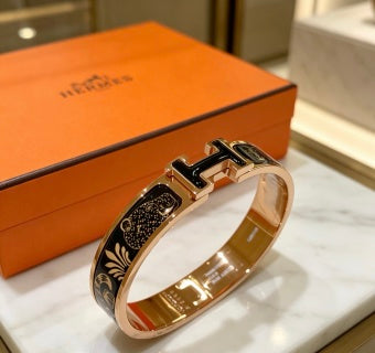 Hermès Black Enamel Engraved H Cuff Bracelet