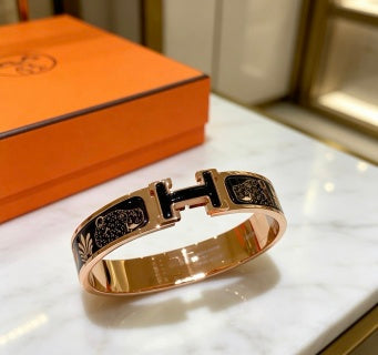 Hermès Black Enamel Engraved H Cuff Bracelet