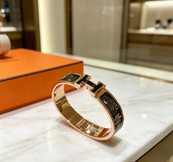 Hermès Black Enamel Engraved H Cuff Bracelet