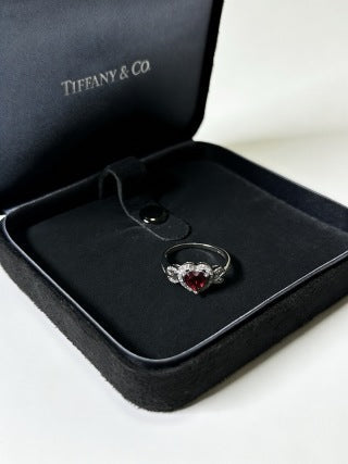 Tiffany Red Heart Gemstone Ring with Diamond Halo