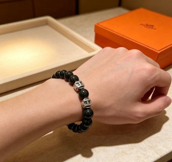Hermès Obsidian Bead Silver Accent Bracelet