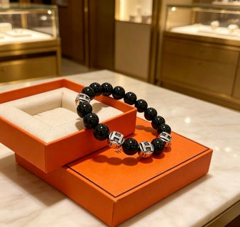 Hermès Obsidian Bead Silver Accent Bracelet