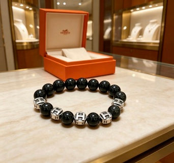 Hermès Obsidian Bead Silver Accent Bracelet