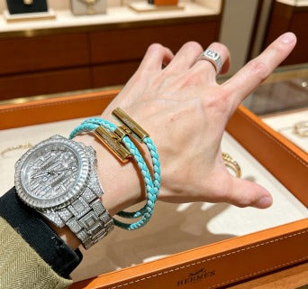 Hermès Aqua Braided Leather Double Wrap Bracelet