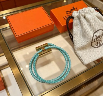 Hermès Aqua Braided Leather Double Wrap Bracelet