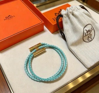 Hermès Aqua Braided Leather Double Wrap Bracelet